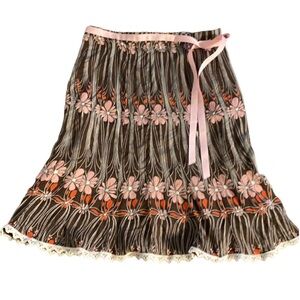 JALOUX/ zalu lined flare skirt. Size M. Brown and pink. Zipper, lace trim